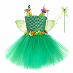 Rochita Fluture cu Flori pentru fete, Set cu aripi si bagheta, Tesatura fina, 5-6 ani, 130 cm, Verde