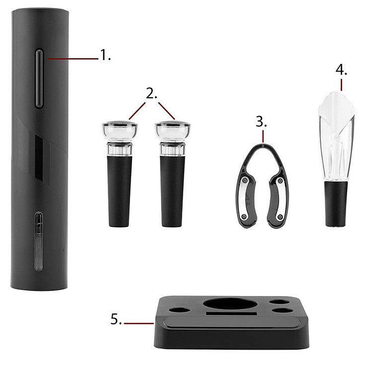 Set Desfacator Electric pentru Vin, EvrikaKron®, Tirbuson Automat Reincarcabil, cu 2 Dop Vacuum, Turnator Aerator, Cutter pentru Folie si Suport Organizator, Negru