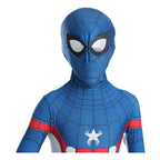 Costum pentru Copii, Spider-man devine Capitanul America, Set cu masca, Supererou, EvrikaUnity®, Premium Lycra 3D®, 3-4 ani, 110 cm, Albastru/ Rosu/ Alb