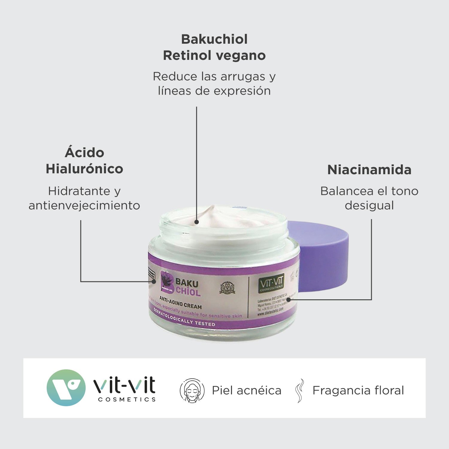 Crema anti-imbatranire cu Bakuchiol si Acid Hialuronic Vit-Vit - Retinol vegetal pentru fermitate si hidratare, 50 ml