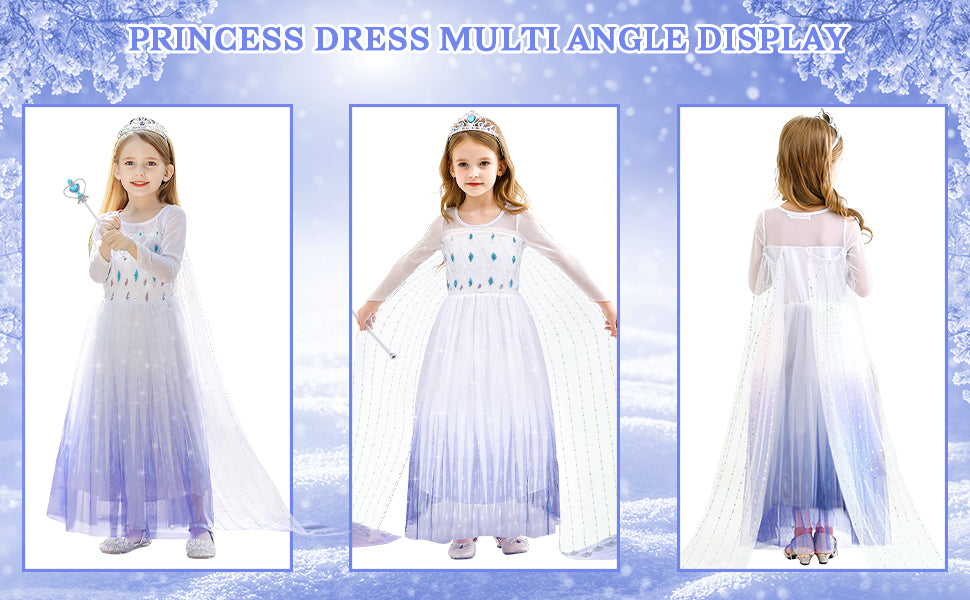 Rochie Elsa Frozen pentru fete, Set cu Coronita, Bagheta si Bijuterii, EvrikaUnity®, Regina Ghetii, 6-7 ani, 140 cm, Alb