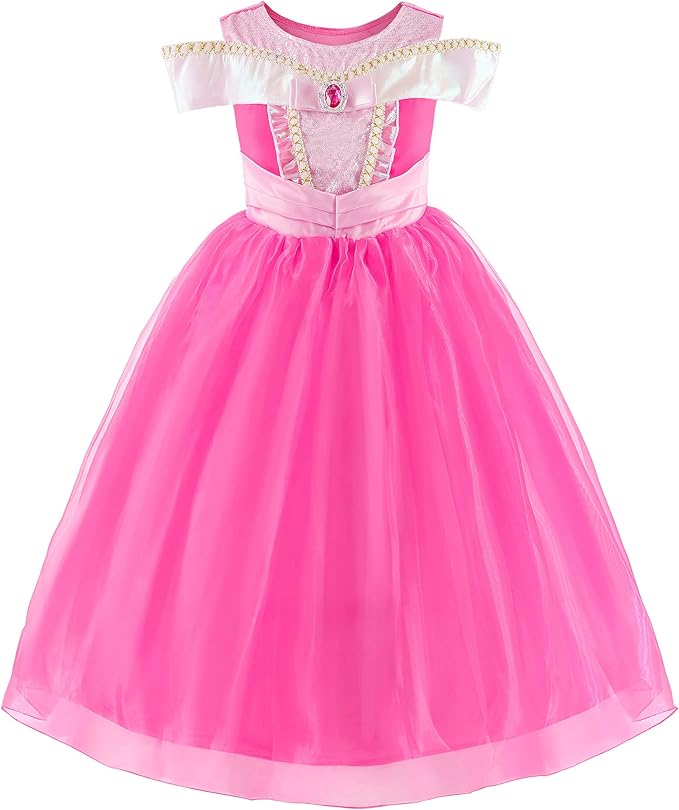 Rochita Printesa Aurora pentru copii, Set cu coronita si accesorii, EvrikaUnity®, Frumoasa din padurea adormita, Tesatura Premium, 3-4 ani, 110 cm, roz