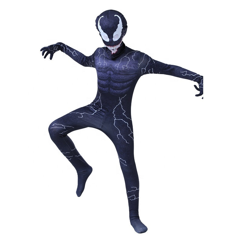 Costu Venom cu Fulgere pentru Copii, Set cu masca, Supererou, EvrikaUnity®, Premium Lycra 3D®, 5-6 ani, 130cm, Bleumarin
