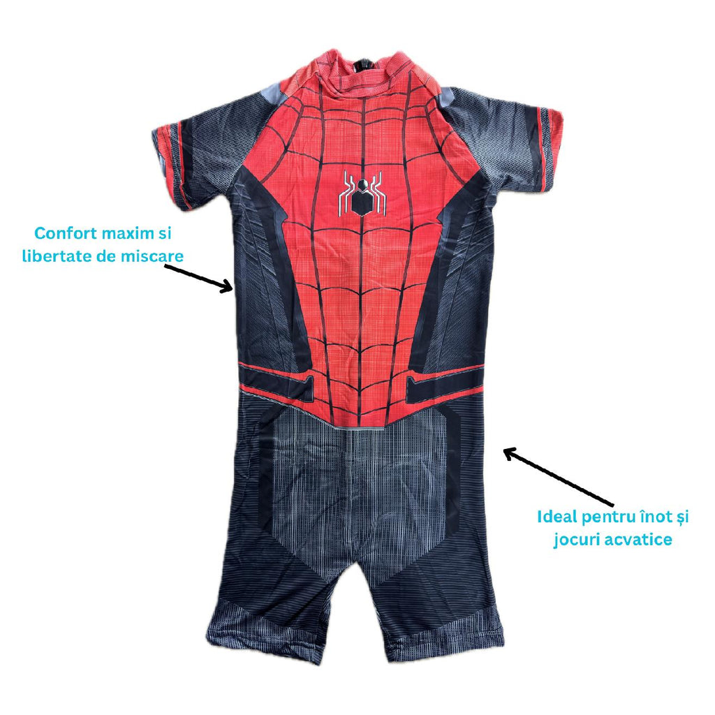 Costum de baie/inot intreg pentru copii, Spiderman, Supererou, Premium Nylon, 5-6 ani, 130 cm, Rosu/ Negru