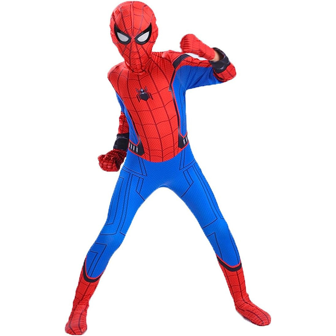 Costum Spiderman pentru copii, cu cagula si manusi, Supererou, EvrikaUnity®, Premium Lycra 3D®, 5-6 ani, 130 cm, Albastru / Rosu