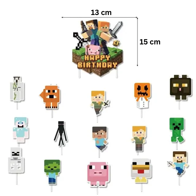Set 20 baloane copii, Minecraft Aventura, EvrikaUnity®, Petrecere Aniversara, Latex, 1 Banner Happy Birthday, 15 Cupcake Topper, 1 Cake Topper, Multicolor