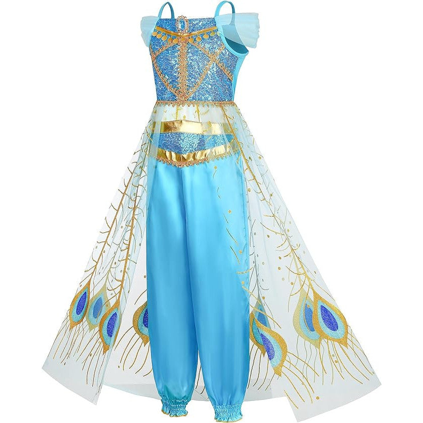 Costum Printesa Jasmine pentru Copii, Set cu Coronita si Accesorii, EvrikaUnity®, 3-4 ani, 110 cm, Albastru