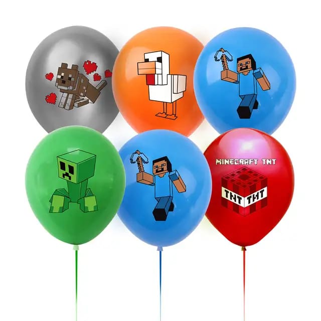 Set 20 baloane copii, Minecraft Aventura, EvrikaUnity®, Petrecere Aniversara, Latex, 1 Banner Happy Birthday, 15 Cupcake Topper, 1 Cake Topper, Multicolor