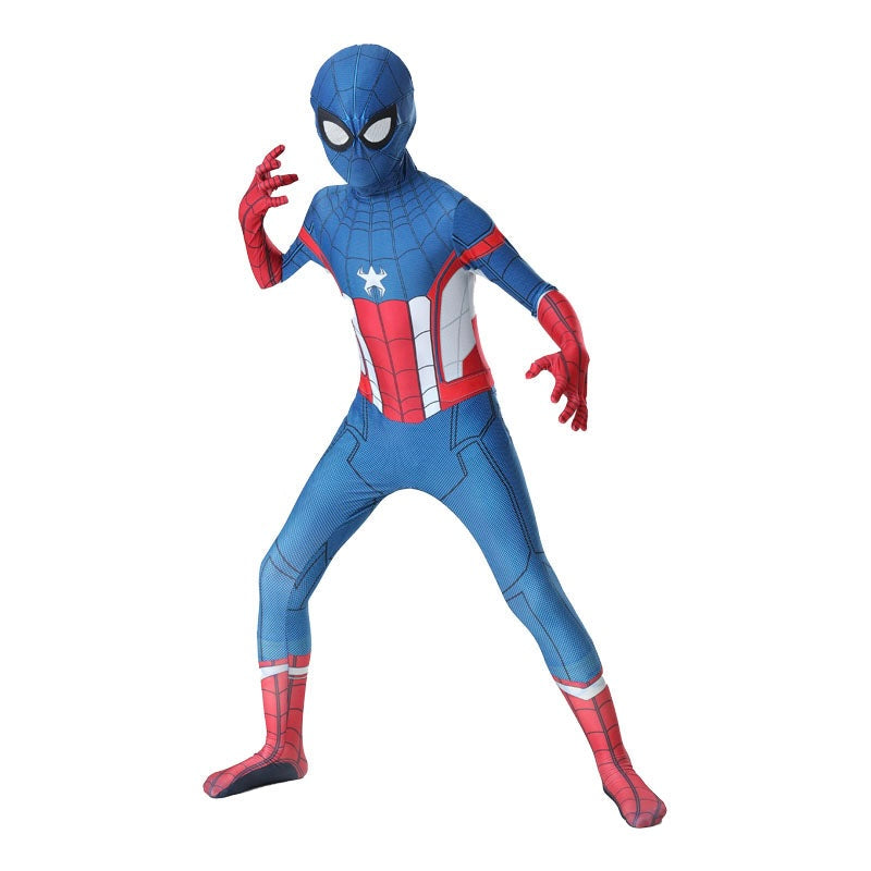 Costum pentru Copii, Spider-man devine Capitanul America, Set cu masca, Supererou, EvrikaUnity®, Premium Lycra 3D®, 3-4 ani, 110 cm, Albastru/ Rosu/ Alb
