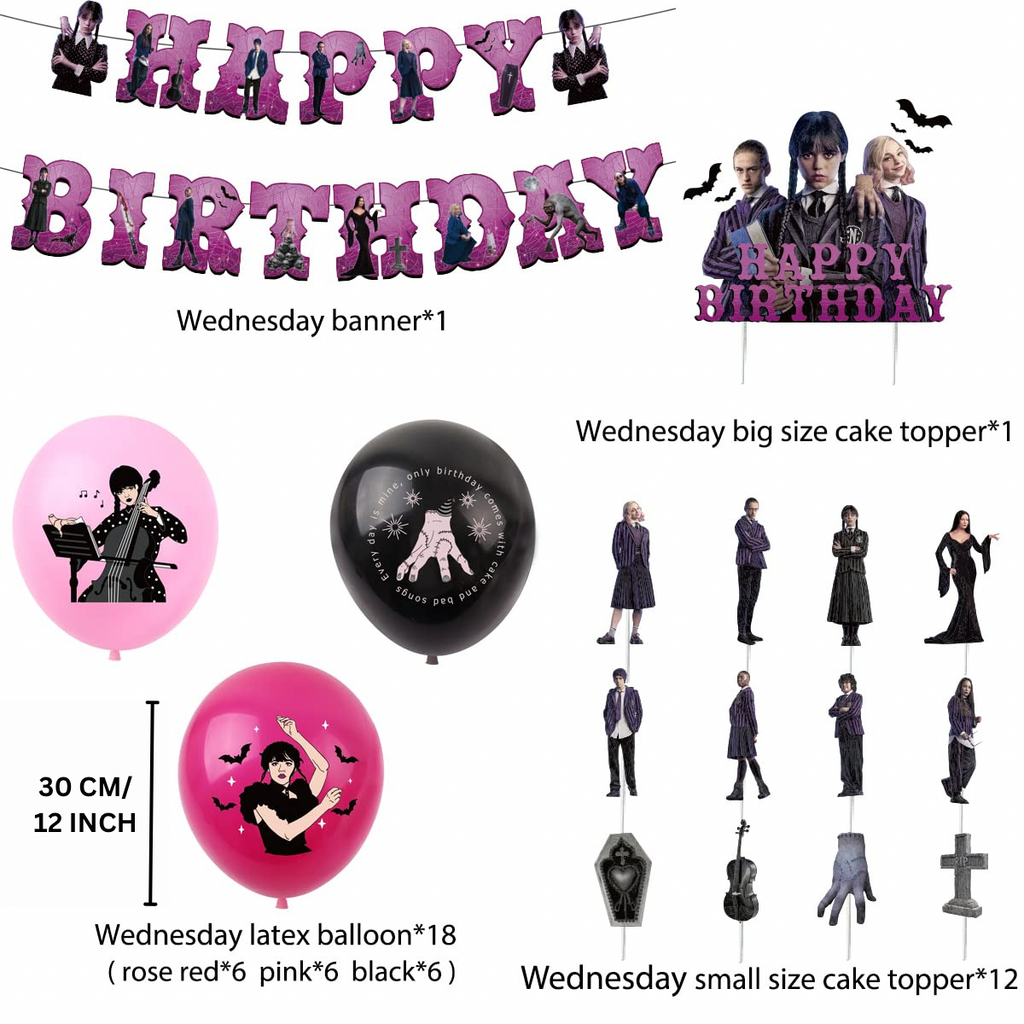 Set 18 baloane copii, Wednesday Addams, Petrecere Aniversara, EvrikaUnity®, Latex, 1 Banner Happy Birthday, 12 Cupcake Topper, 1 Cake Topper, Mov / Roz / Negru