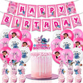 Set 18 baloane copii, Lilo & Stitch, Petrecere Aniversara, Latex, 1 Banner Happy Birthday, 12 Cupcake Topper, 1 Cake Topper, Roz/ Alb
