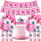 Set 18 baloane copii, Lilo & Stitch, Petrecere Aniversara, Latex, 1 Banner Happy Birthday, 12 Cupcake Topper, 1 Cake Topper, Roz/ Alb