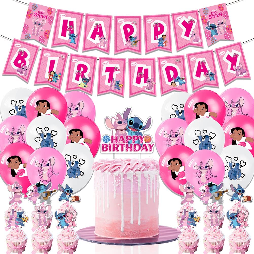 Set 18 baloane copii, Lilo & Stitch, Petrecere Aniversara, Latex, 1 Banner Happy Birthday, 12 Cupcake Topper, 1 Cake Topper, Roz/ Alb