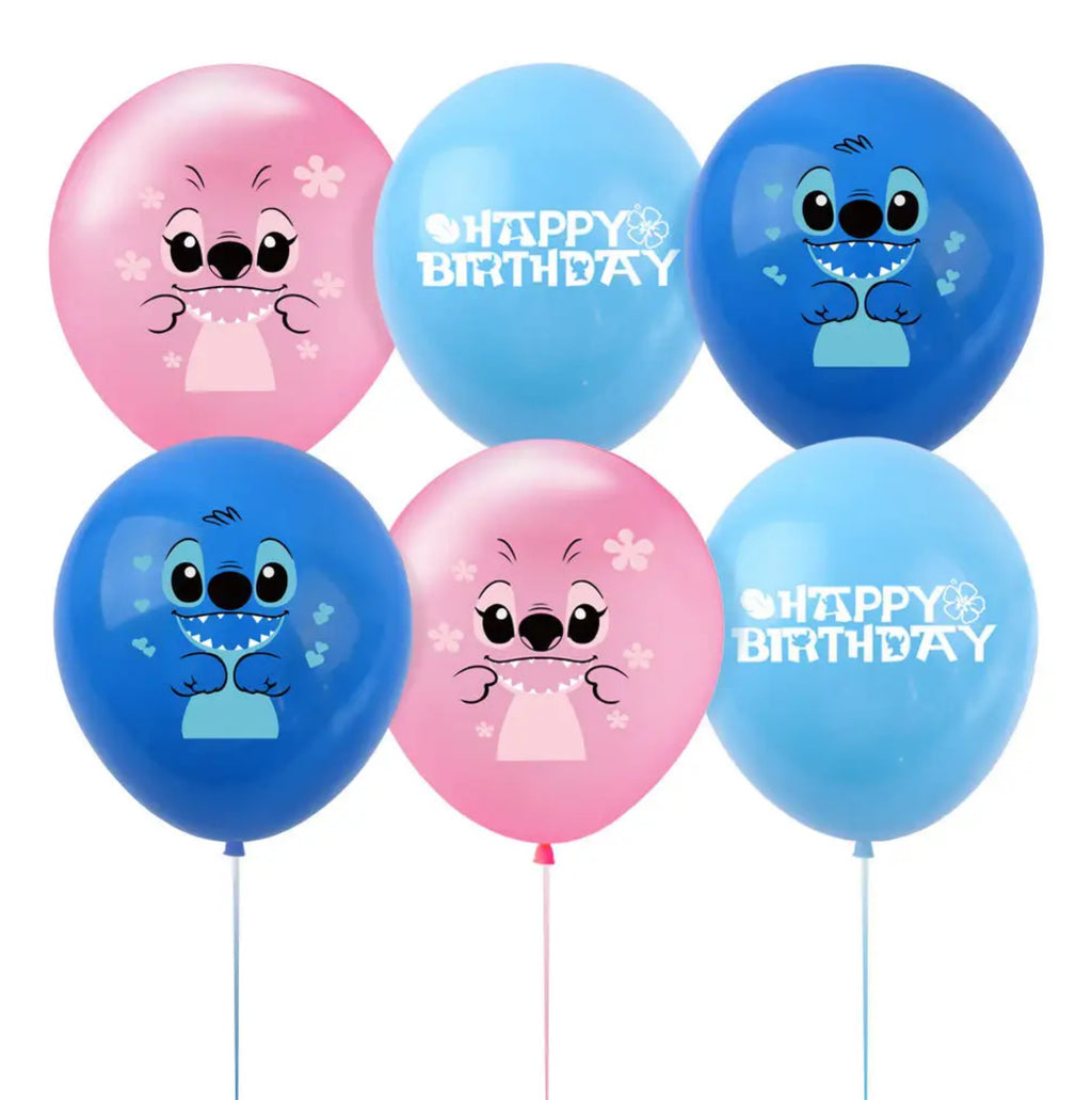 Set 24 baloane pentru Copii, Lilo si Stich, Petrecere Aniversare, Latex, 1 Banner Happy Birthday, 21 Cupcake Topper, 1 Cake Topper, Roz/ Albastru