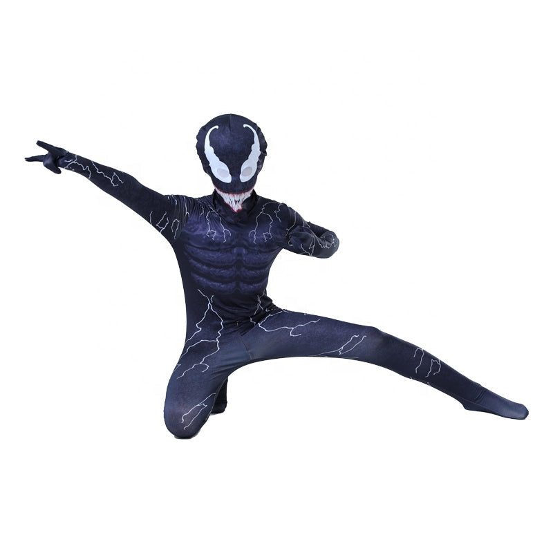 Costu Venom cu Fulgere pentru Copii, Set cu masca, Supererou, EvrikaUnity®, Premium Lycra 3D®, 4-5 ani, 120cm, Bleumarin
