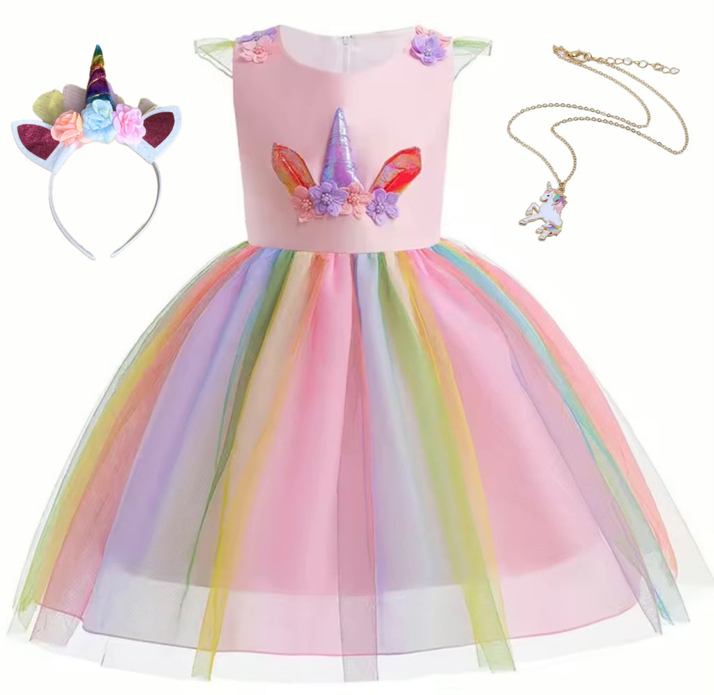 Rochie Unicorn pentru Fetite, Set cu Bentita si Colier, EvrikaUnity®, Tesatura Premium, 4-5 ani, 120 cm, Roz