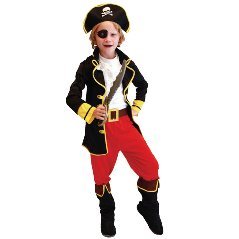 Costum Pirat pentru copii, Set cu Palarie si Petic de ochi, EvrikaUnity®, Tesatura Premium, 6-7 ani, 140 cm, Rosu/ Negru