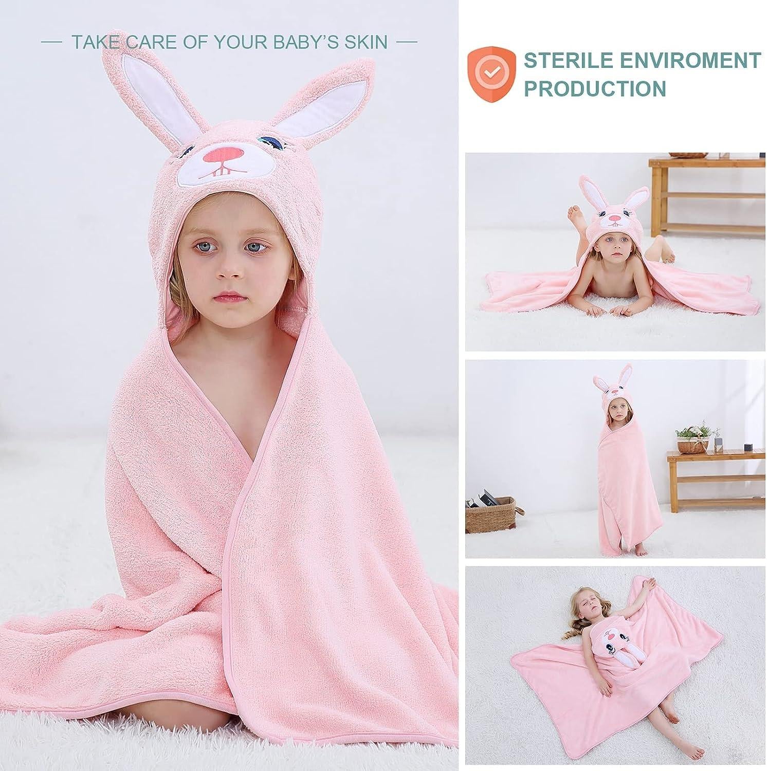 Prosop de Baie cu Gluga pentru Copii, Model Iepuras, Super Absorbant, Moale si Pufos, 120x70 cm, Roz