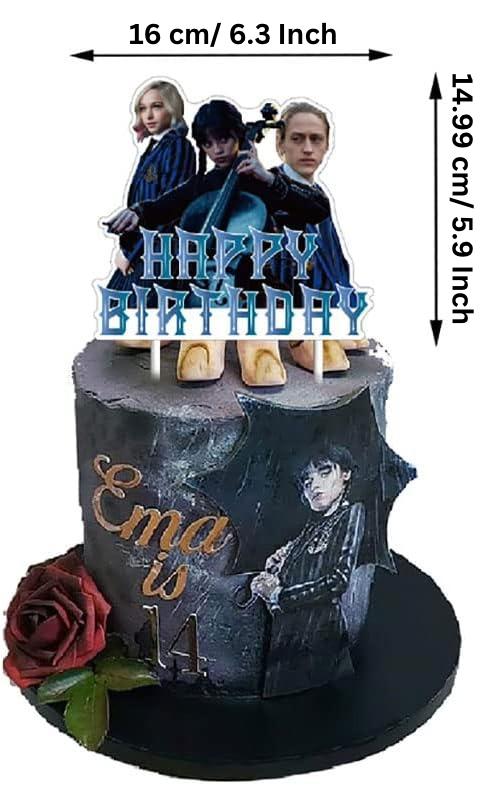 Set 18 baloane copii, Wednesday Addams, Petrecere Aniversara, EvrikaUnity®, Latex, 1 Banner Happy Birthday, 12 Cupcake Topper, 1 Cake Topper, Mov / Roz / Albastru