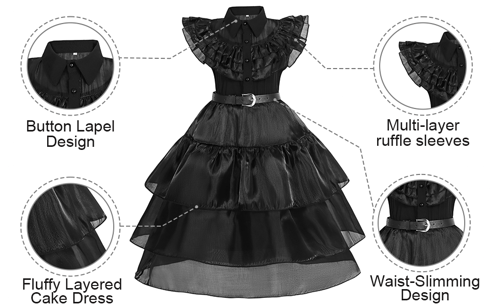 Rochie Wednesday pentru Fete, Set cu Peruca, Bijuterii si Accesorii, EvrikaUnity®, Tesatura premium, 4-5 ani, 120 cm, Negru