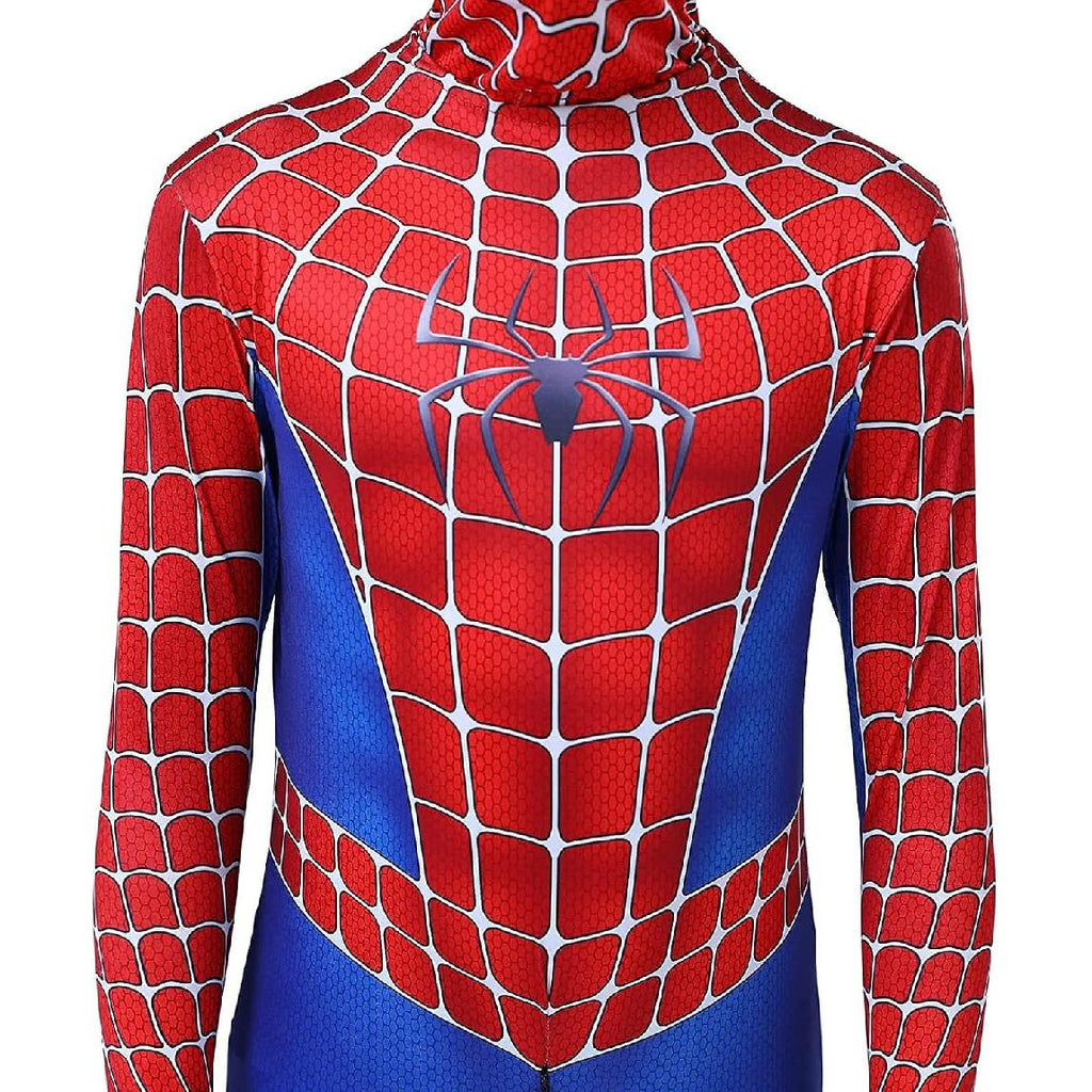 Costum Primul Om-Paianjen pentru copii, Supererou, Spiderman, EvrikaUnity®, Premium Lycra 3D®, 7-8 ani, 150 cm, Rosu / Albastru