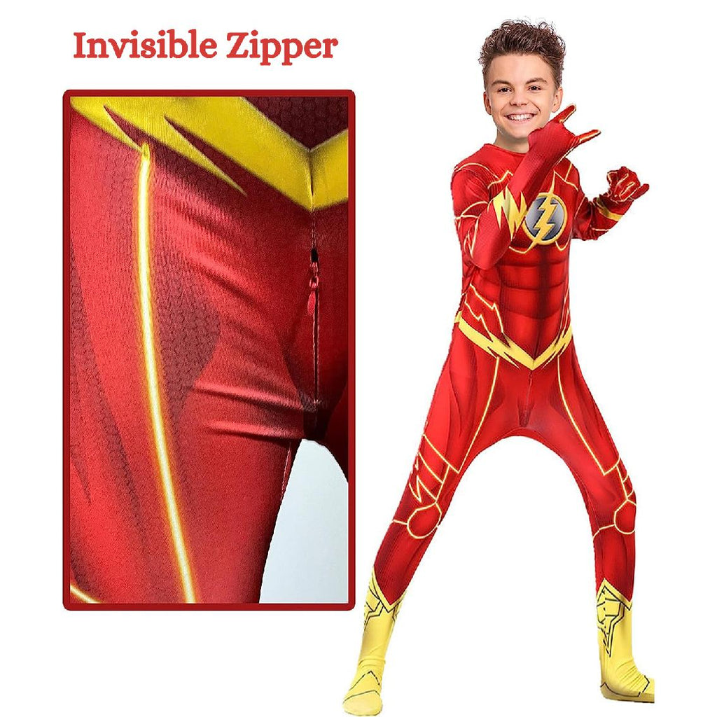 Costum Flash pentru copii, Set cu Masca, EvrikaUnity®, Supererou, Premium Lycra 3D®, 7-8 ani, 150 cm, Rosu/ Galben
