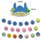 Set 24 baloane pentru Copii, Lilo si Stich, Petrecere Aniversare, Latex, 1 Banner Happy Birthday, 21 Cupcake Topper, 1 Cake Topper, Roz/ Albastru