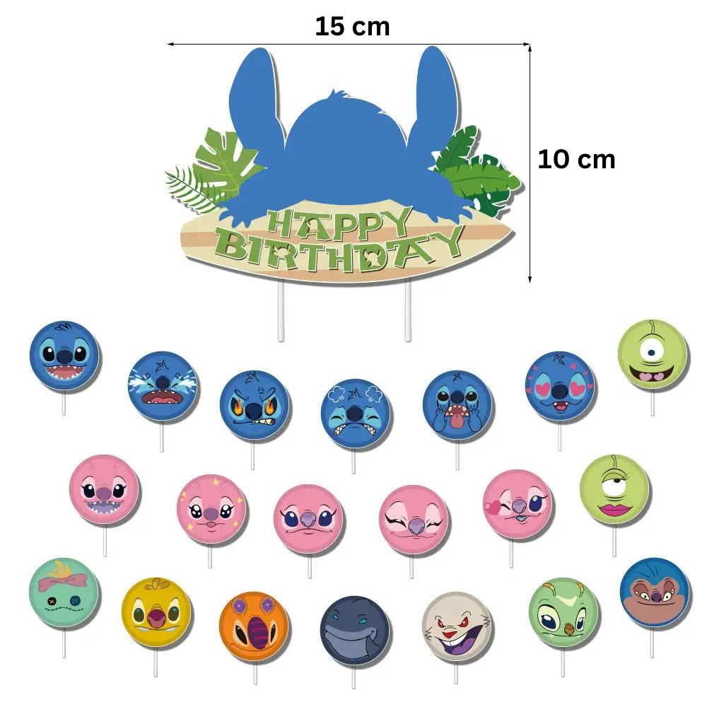 Set 24 baloane pentru Copii, Lilo si Stich, Petrecere Aniversare, Latex, 1 Banner Happy Birthday, 21 Cupcake Topper, 1 Cake Topper, Roz/ Albastru
