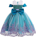 Rochita Sirena de Printesa pentru fete, Set cu Coronita si Accesorii, Tesatura fina, 3-4 ani, 110 cm, Verde smarald/ Mov