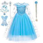 Rochie Elsa Frozen pentru Copii, Set cu Coronita, Coada, Bijuterii si Accesorii, EvrikaUnity®, Tesatura fina, 4-5 ani, 120 cm, Albastru