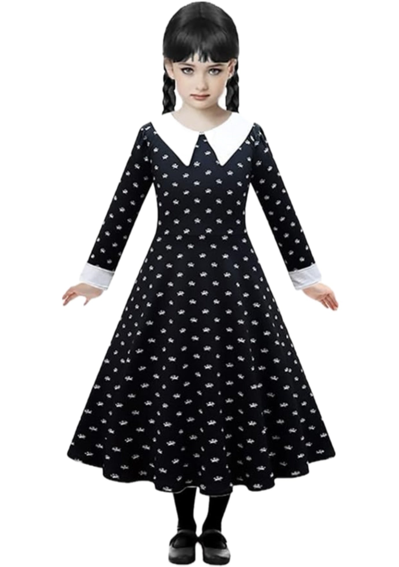 Rochie Wednesday pentru Fete, Set cu Peruca, Geanta si Sosete, EvrikaUnity®, Tesatura premium, 6-7 ani, 140 cm, Negru/Alb