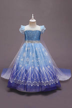 Rochie Elsa Frozen 2 pentru Copii, Set cu Peruca, Bijuterii si Accesorii, EvrikaUnity®, Regina Ghetii, Tesatura Premium, 5-6 ani, 130 cm, Albastru/ Mov/ Alb