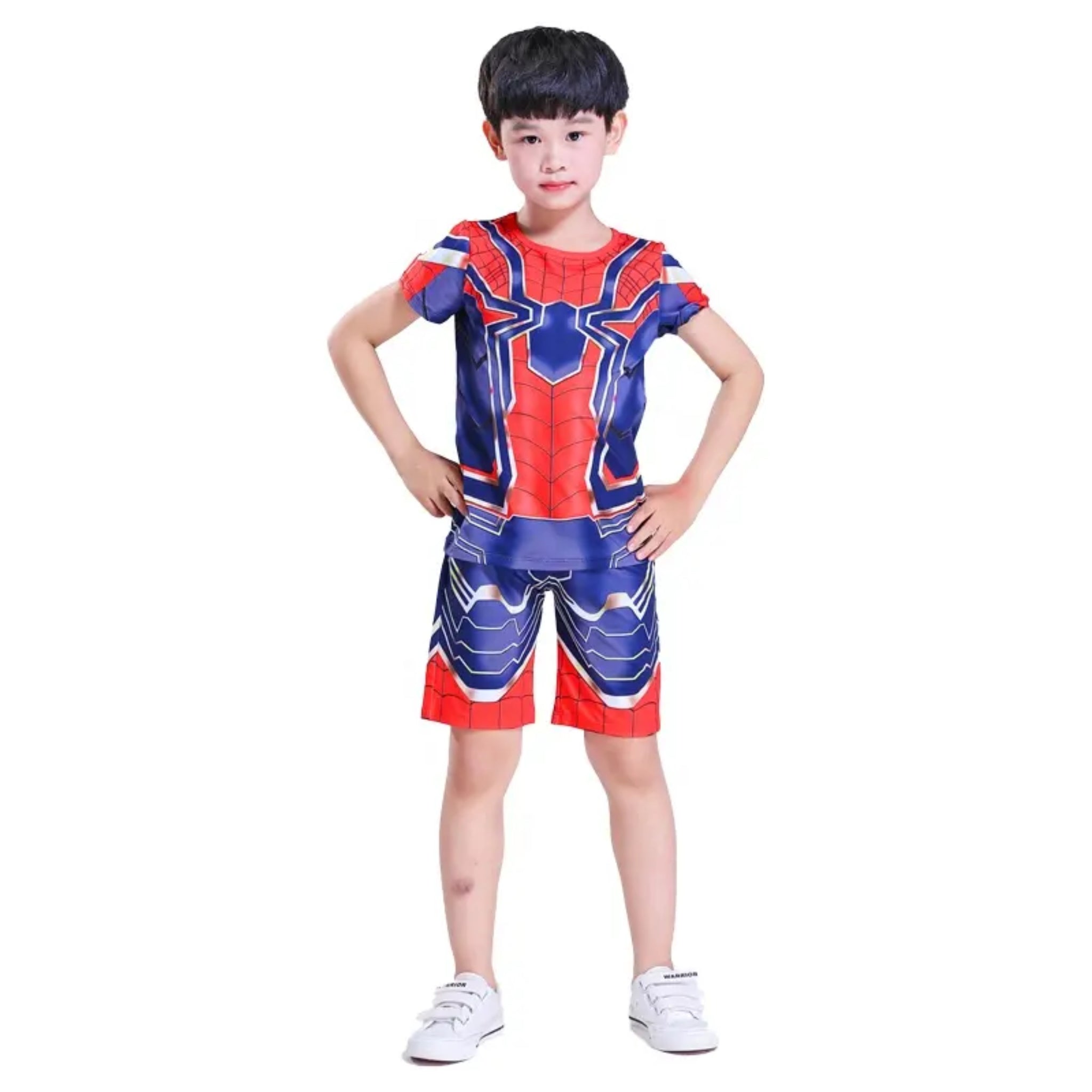 Costum Spiderman pentru Copii, Set Tricou si Pantaloni scurti, 140 cm, 6-7 ani, Rosu/ Albastru