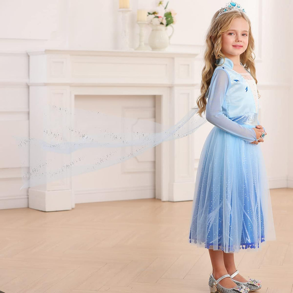 Rochie Elsa Frozen 2 pentru fete, Set cu Coronita, Peruca, Bijuterii si accesorii, EvrikaUnity®, Regina Ghetii, Tesatura Premium, 3-4 ani, 110 cm, Albastru Imperial