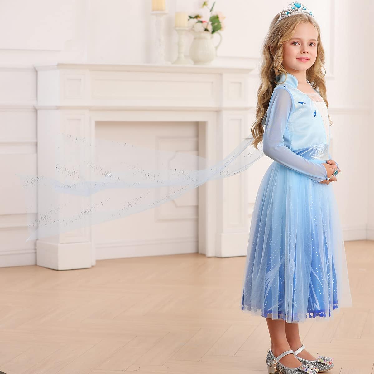 Rochie Elsa Frozen 2 pentru fete, Set cu Coronita, Peruca, Bijuterii si accesorii, EvrikaUnity®, Regina Ghetii, Tesatura Premium, 3-4 ani, 110 cm, Albastru Imperial