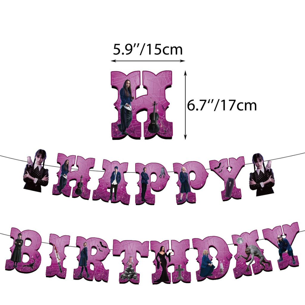Set 18 baloane copii, Wednesday Addams, Petrecere Aniversara, EvrikaUnity®, Latex, 1 Banner Happy Birthday, 12 Cupcake Topper, 1 Cake Topper, Mov / Roz / Negru