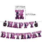 Set 18 baloane copii, Wednesday Addams, Petrecere Aniversara, EvrikaUnity®, Latex, 1 Banner Happy Birthday, 12 Cupcake Topper, 1 Cake Topper, Mov / Roz / Negru