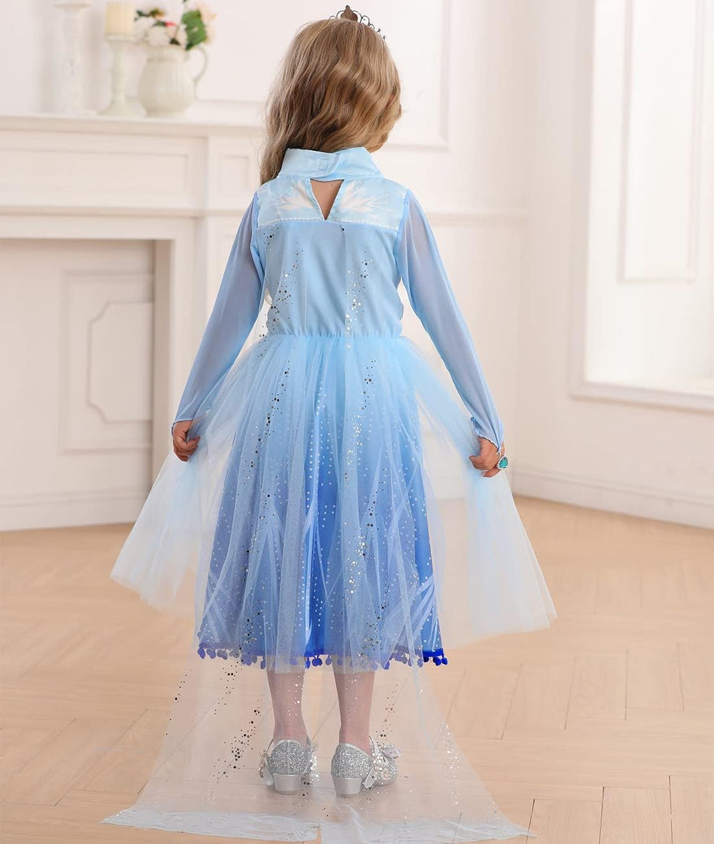 Rochie Elsa Frozen 2 pentru copii, Set cu coronita, peruca si accesorii, EvrikaUnity®, Regina Ghetii, Tesatura Premium, 4-5 ani, 120 cm, Albastru imperial