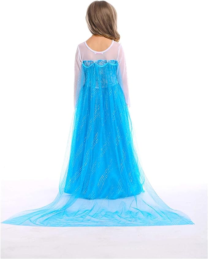 Rochita Elsa Frozen pentru Fete, Set cu Coronita, Bijuterii si accesorii, EvrikaUnity®, Tesatura Premium, 6-7 ani, 140 cm, Turcoaz