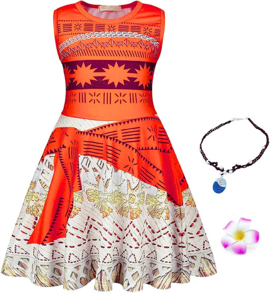 Costum Moana pentru copii, Set cu colier si agrafa floare, EvrikaUnity®, Tesatura Premium, 3-4 ani, 110 cm, Portocaliu
