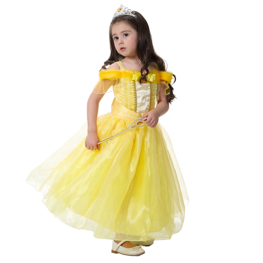 Rochie Printesa Belle pentru Copii, Set cu Coronita, Bijuterii si Accesorii, EvrikaUnity®, 6-7 ani, 140 cm, Galben