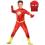 Costum Flash pentru copii, Set cu Masca, EvrikaUnity®, Supererou, Premium Lycra 3D®, 7-8 ani, 150 cm, Rosu/ Galben