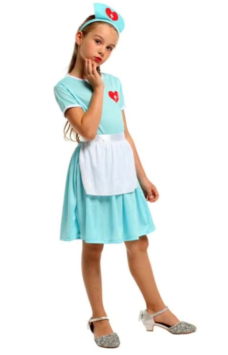Costum de Asistenta Doctor pentru Copii, Set cu Bentita, EvrikaUnity®, Tesatura Premium, 110 cm, 3-4 ani, Turcoaz