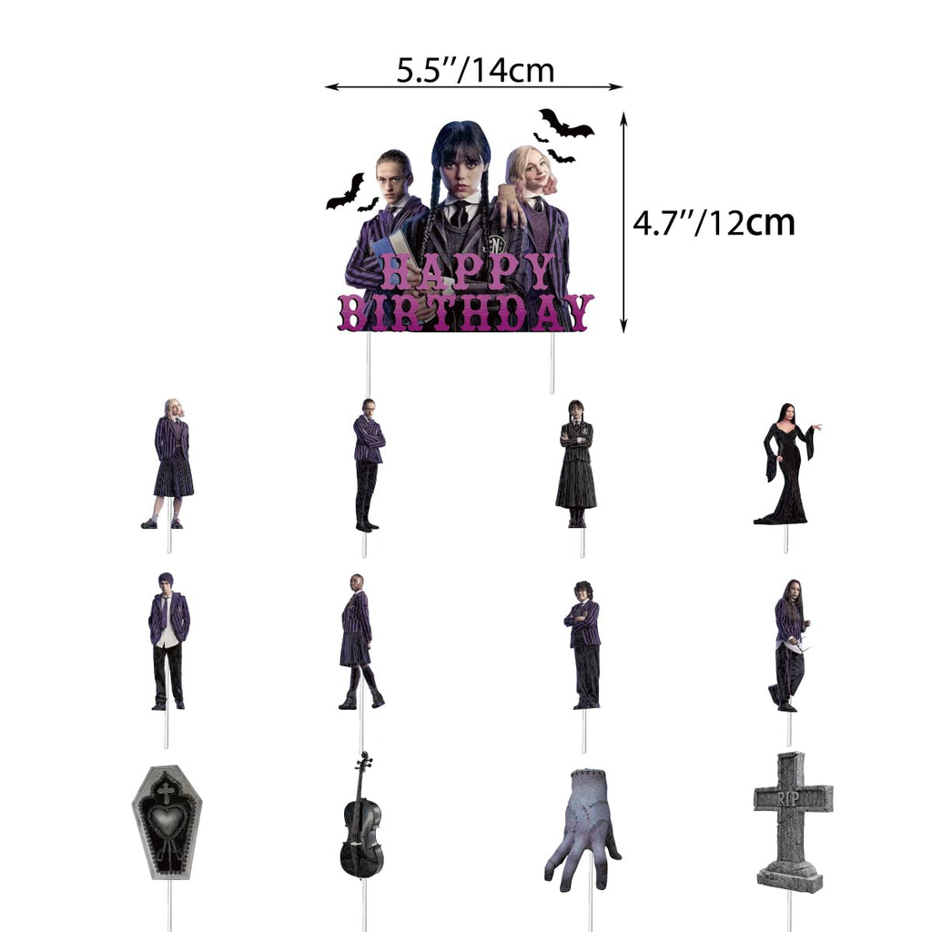 Set 18 baloane copii, Wednesday Addams, Petrecere Aniversara, EvrikaUnity®, Latex, 1 Banner Happy Birthday, 12 Cupcake Topper, 1 Cake Topper, Mov / Roz / Negru