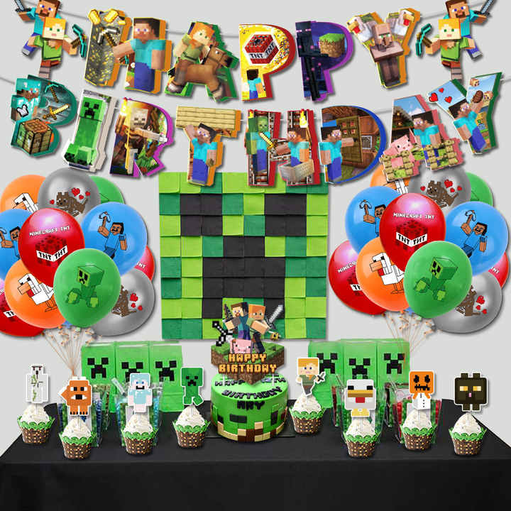 Set 20 baloane copii, Minecraft Aventura, EvrikaUnity®, Petrecere Aniversara, Latex, 1 Banner Happy Birthday, 15 Cupcake Topper, 1 Cake Topper, Multicolor