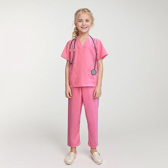 Costum de Doctor pentru Copii, Set cu Stetoscop de jucarie si Legitimatie, Tesatura fina, 3-4 ani, 110 cm, Alb/ Roz