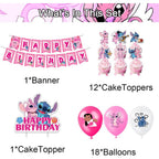 Set 18 baloane copii, Lilo & Stitch, Petrecere Aniversara, Latex, 1 Banner Happy Birthday, 12 Cupcake Topper, 1 Cake Topper, Roz/ Alb