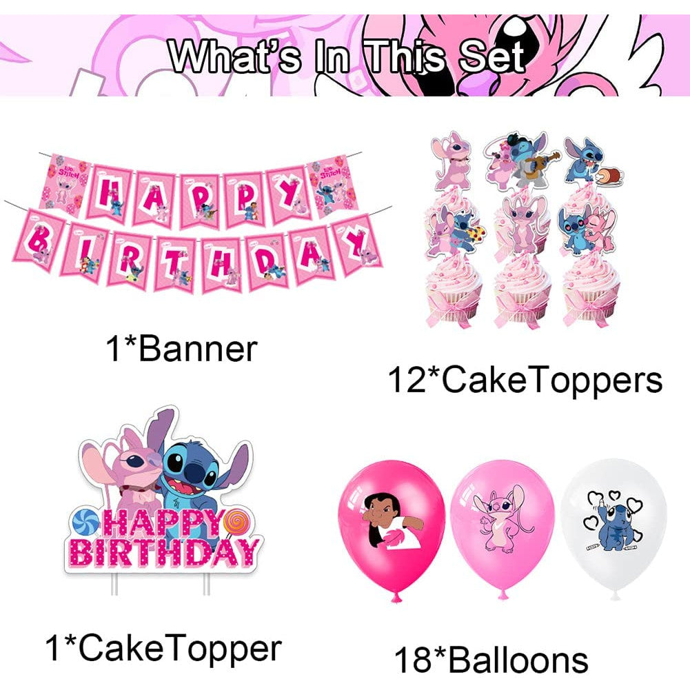 Set 18 baloane copii, Lilo & Stitch, Petrecere Aniversara, Latex, 1 Banner Happy Birthday, 12 Cupcake Topper, 1 Cake Topper, Roz/ Alb