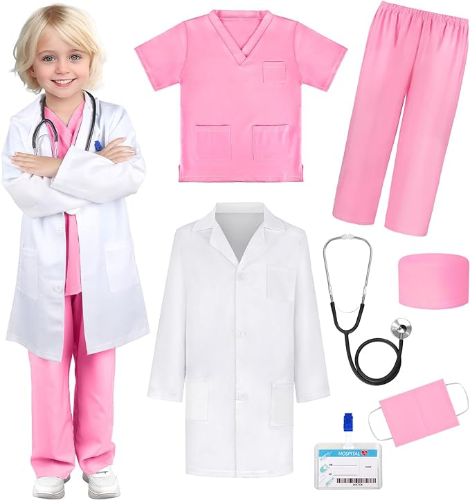 Costum de Doctor pentru Copii, Set cu Stetoscop de jucarie si Legitimatie, Tesatura fina, 4-5 ani, 120 cm, Alb/ Roz