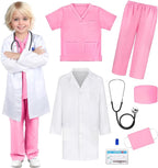 Costum de Doctor pentru Copii, Set cu Stetoscop de jucarie si Legitimatie, Tesatura fina, 4-5 ani, 120 cm, Alb/ Roz